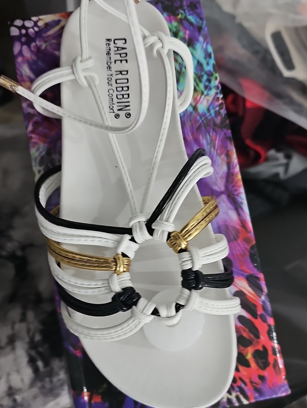 Cape Robbin White Black Sandal with Gold Accent